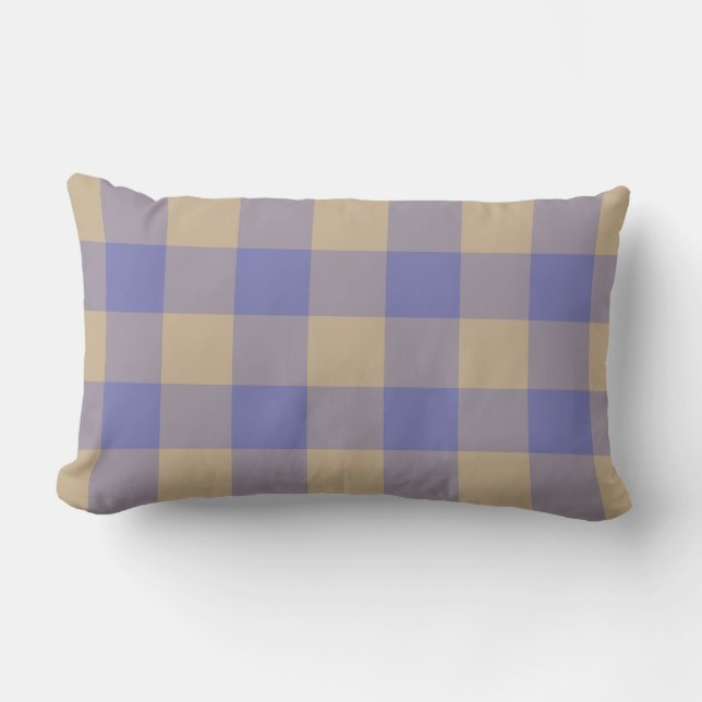 Vibrant Blue Beige Gingham Check Pattern Lumbar Pillow (Front)