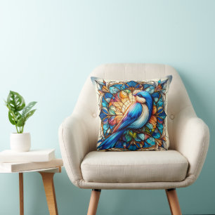 Vibrant Blue Bird Perched on Flower Throw Pillow