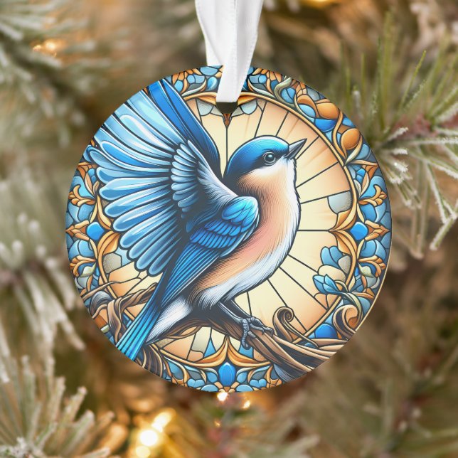 Vibrant Blue Bird Perched on Stained Glass Ornament (Tree)