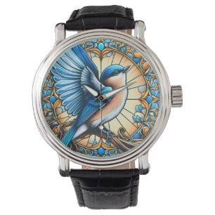 Vibrant Blue Bird Perched on Stained Glass Watch