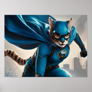 Vibrant Blue-Caped Feline Superhero with Goggles Poster