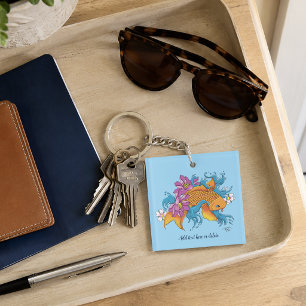 Vibrant Blue Cherry Blossoms Koi Fish Lotus Keychain