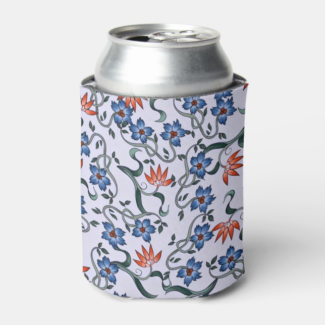 Vibrant Blue Floral Patterns with Green Vines Can Cooler (Can Front)