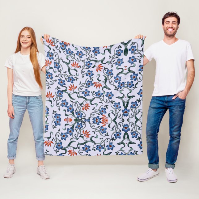  Vibrant Blue Floral Patterns with Green Vines Fleece Blanket (In Situ)