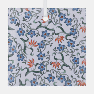  Vibrant Blue Floral Patterns with Green Vines Glass Ornament