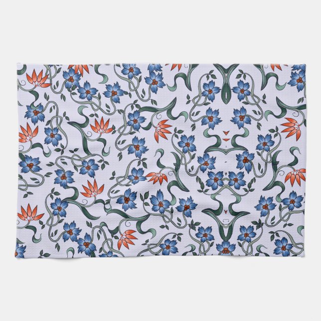  Vibrant Blue Floral Patterns with Green Vines Kitchen Towel (Horizontal)