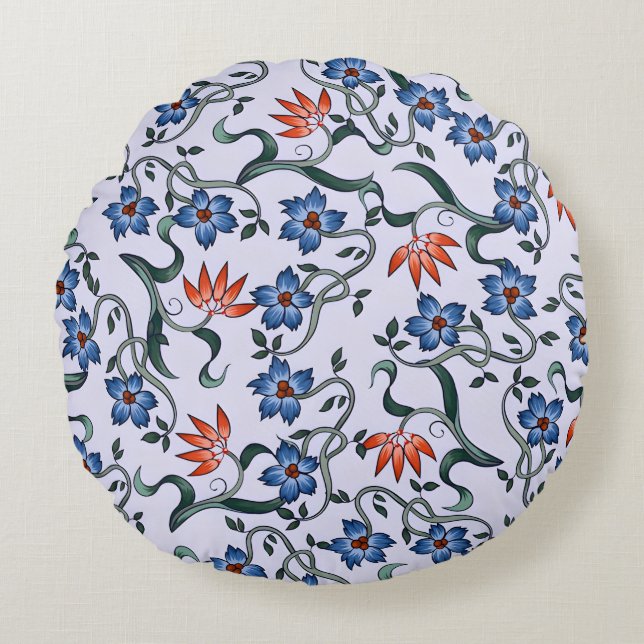  Vibrant Blue Floral Patterns with Green Vines Round Pillow (Front)