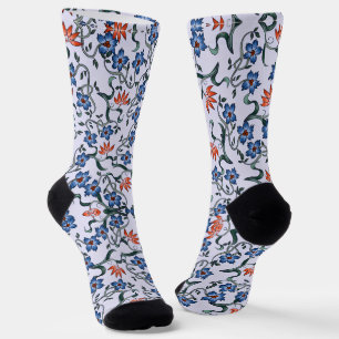 Vibrant Blue Floral Patterns with Green Vines Socks