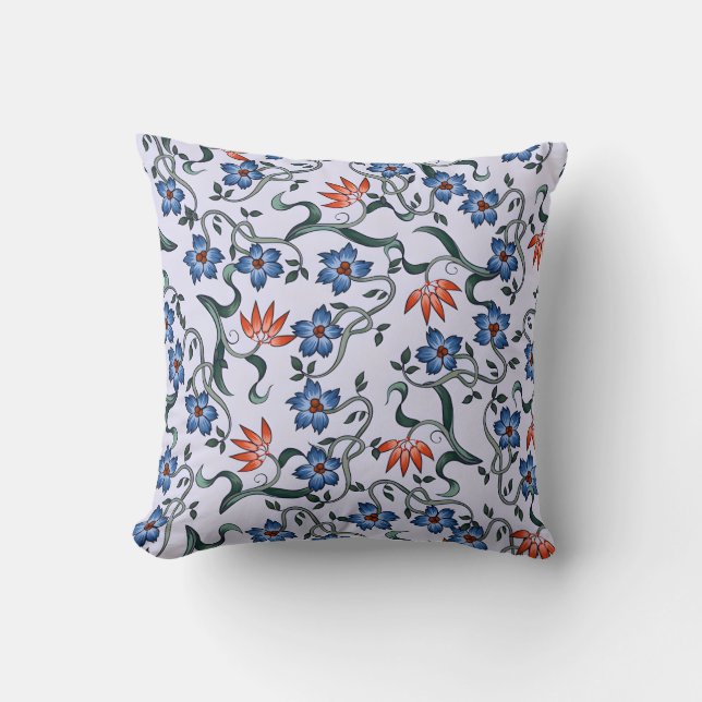  Vibrant Blue Floral Patterns with Green Vines Throw Pillow (Front)
