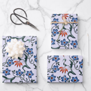  Vibrant Blue Floral Patterns with Green Vines Wrapping Paper Sheet