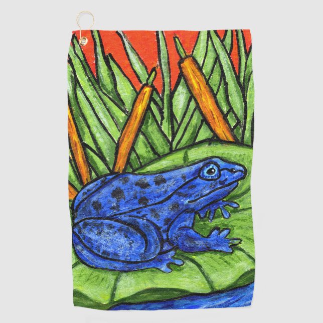 Vibrant Blue Frog Black Spots Lily Pad Reeds Golf Towel (Front)