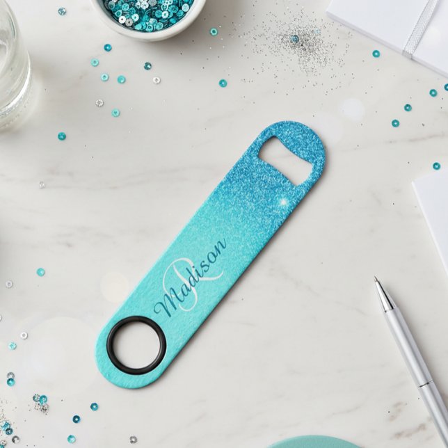 Vibrant Blue Glitter Ombre Monogram Stylish Bar Key (Creator Uploaded)