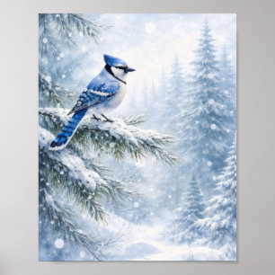 "Vibrant Blue Jay in Winter Snow Watercolor Art Poster
