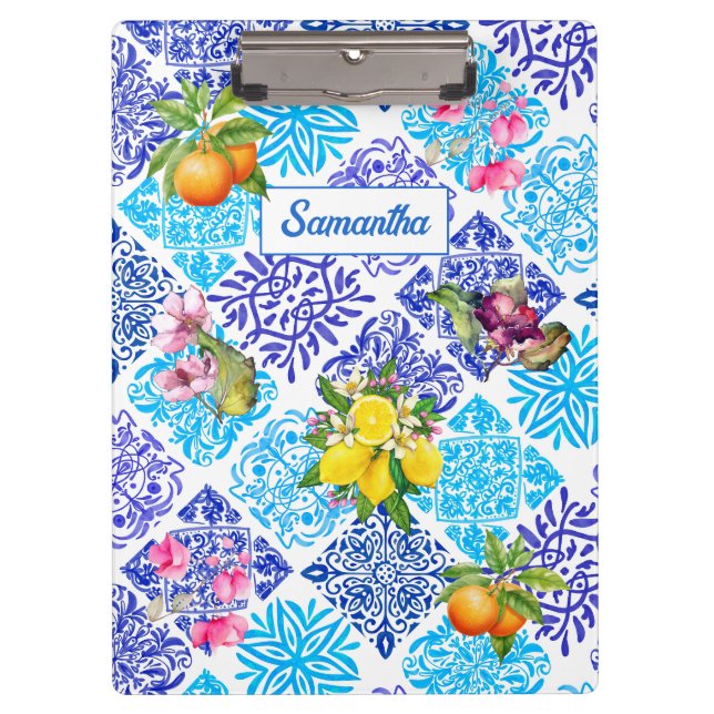 Vibrant Blue Mediterranean Citrus Tile Pattern Clipboard (Front)