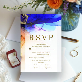 Vibrant Blue Orange Gold Wedding RSVP Card