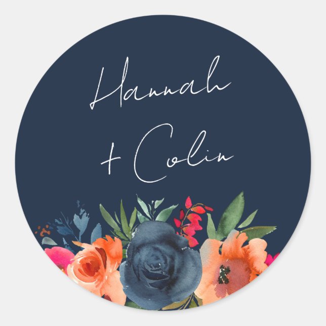 Vibrant Blue Orange Red Botanical Classic Round Sticker (Front)