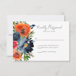 Vibrant Blue Orange Red Botanical RSVP Card