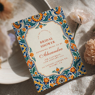 Vibrant Blue Orange Talavera Folk Art Bridal Showe Invitation