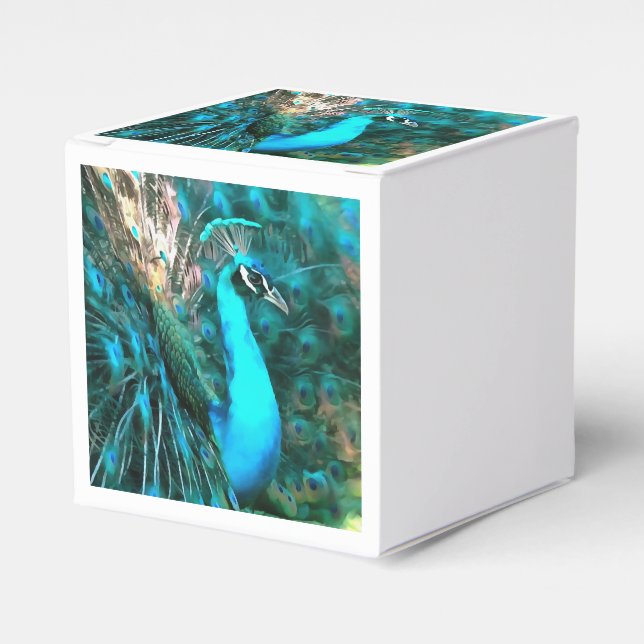 Vibrant Blue Peacock In With Fanned Tail Favor Box (Front Side)