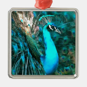 Vibrant Blue Peacock In With Fanned Tail Metal Ornament
