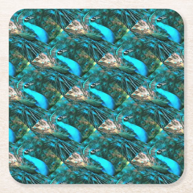 Vibrant Blue Peacock In With Fanned Tail Square Paper Coaster (Front)