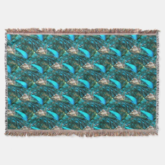 Vibrant Blue Peacock In With Fanned Tail Throw Blanket (Front)
