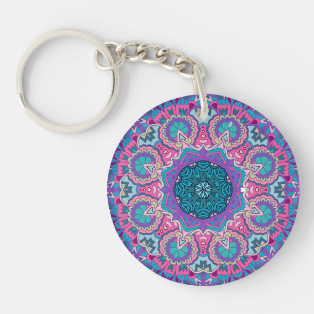 Vibrant Blue Pink Teal Purple Floral Mandala Keychain (Front)