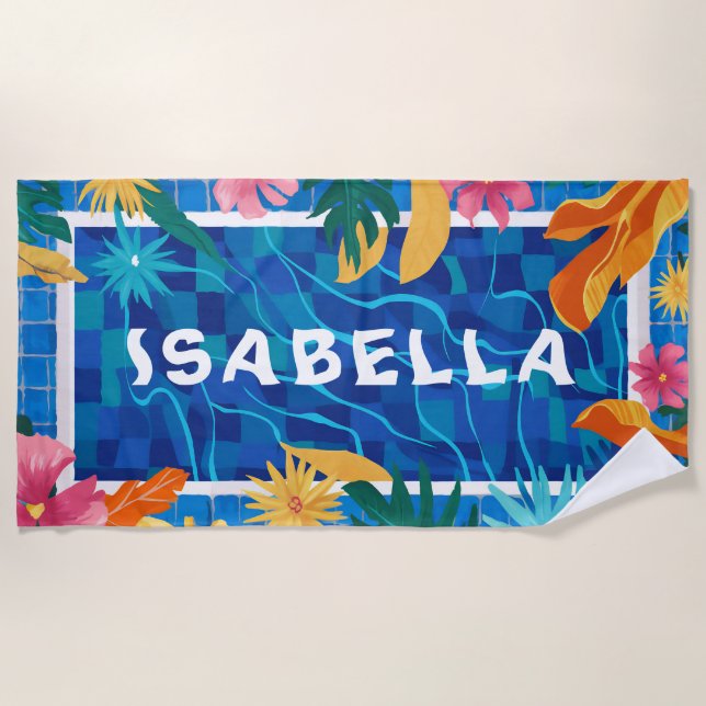 Vibrant Blue Pool & Flowers Customizable Beach Towel (Front)