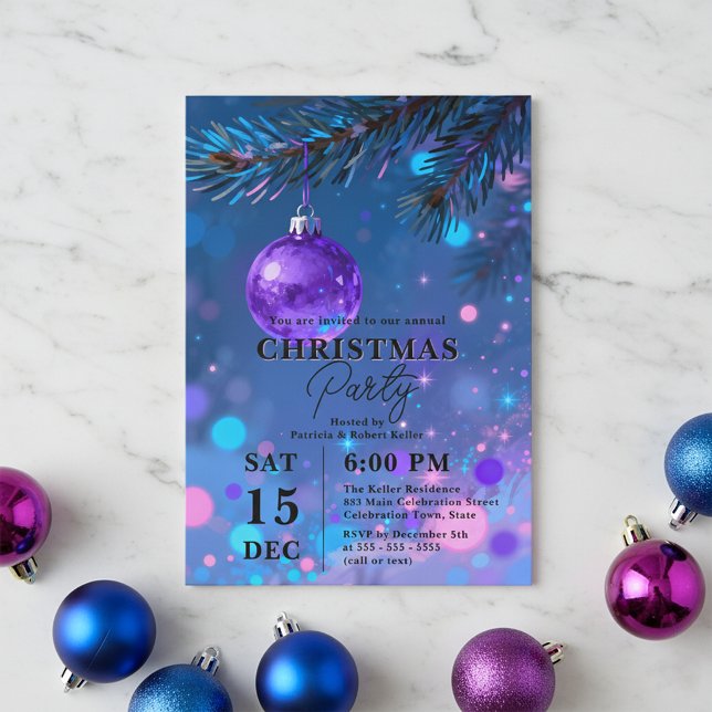 Vibrant Blue Purple Bauble Bokeh Christmas Party Invitation (Creator Uploaded)