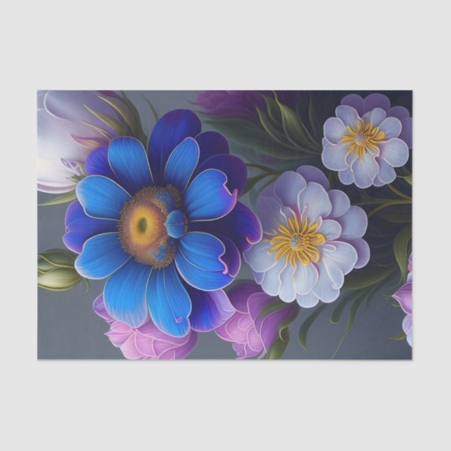 Vibrant Blue, Purple Fantasy Garden Flowers  Tissue Paper (Front)