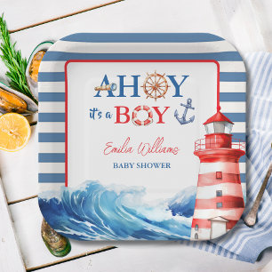 Vibrant Blue Red Coastal Lighthouse Baby Shower Paper Plate