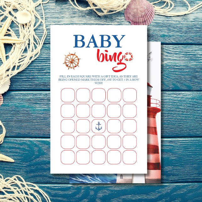 Vibrant Blue Red Nautical Baby Shower Bingo Card (Creator Uploaded)
