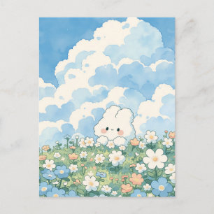 Vibrant Blue Sky White Bunny Daisy Meadow Postcard