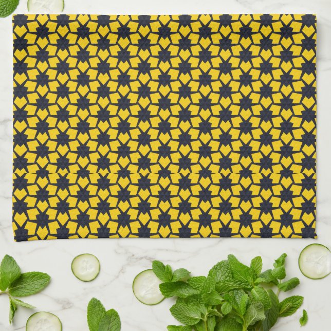 Vibrant Blue Star Pattern on Yellow Background Kitchen Towel (Folded)