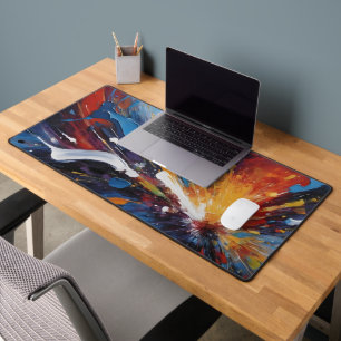 Vibrant Blue Yellow Abstract Explosion Oil Desk Mat