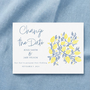 Vibrant blue yellow Lemon vines change the date Save The Date