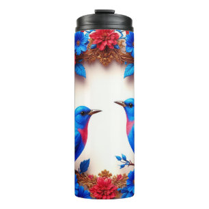 Vibrant Bluebirds Resting Among Colourful Flowers Thermal Tumbler