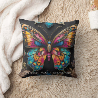 Vibrant Bohemian Butterfly Art Neon Oil-Painting Throw Pillow