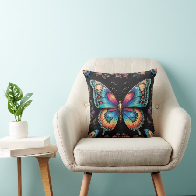 Vibrant Bohemian Butterfly Art Neon Oil-Painting Throw Pillow (Chair)