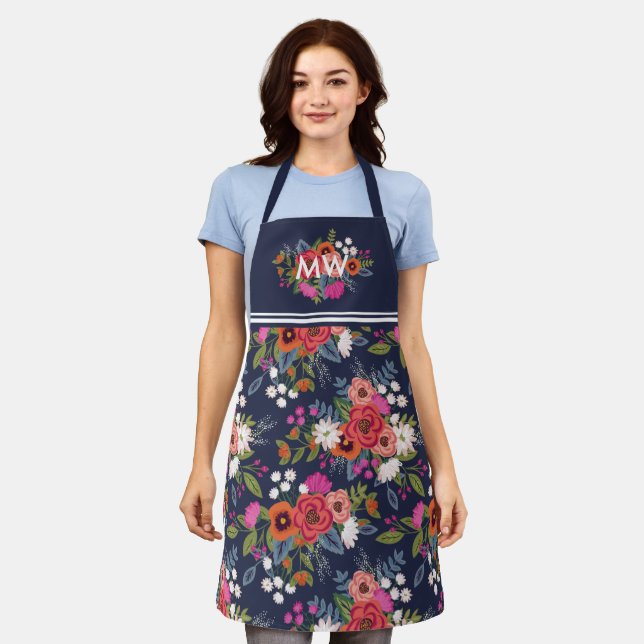 Vibrant Boho Floral Bouquets Pattern Monogram Apron (Worn)