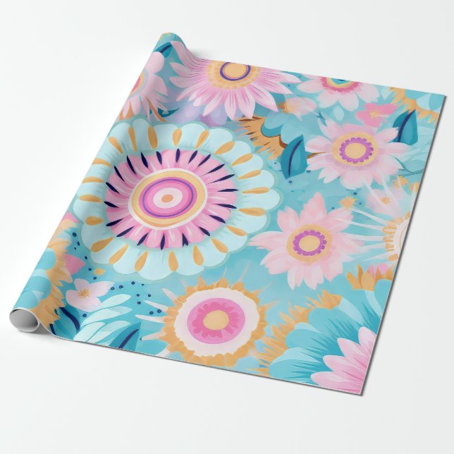 Vibrant Boho Floral Explosion in Pastel Hues Wrapping Paper (Unrolled)