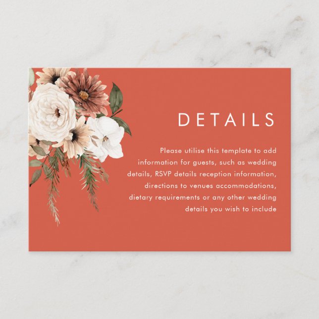 Vibrant Boho Floral Terracotta Wedding Details Enclosure Card (Front)