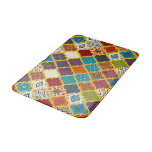 Vibrant Boho Geometric Patchwork Tile Pattern Bath Mat