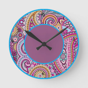 Vibrant Boho Paisley Floral Pattern Colourful Ar Round Clock