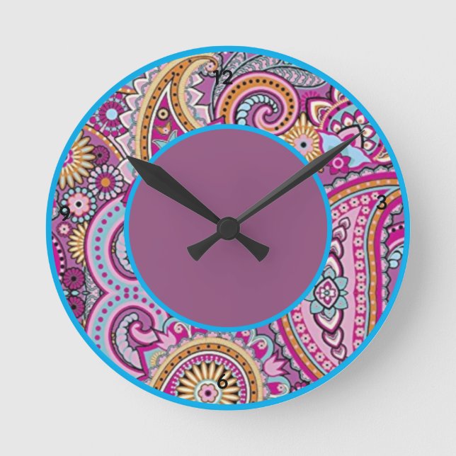 Vibrant Boho Paisley Floral Pattern | Colourful Ar Round Clock (Front)
