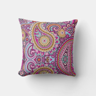 Vibrant Boho Paisley Floral Pattern Colourful Ar Throw Pillow
