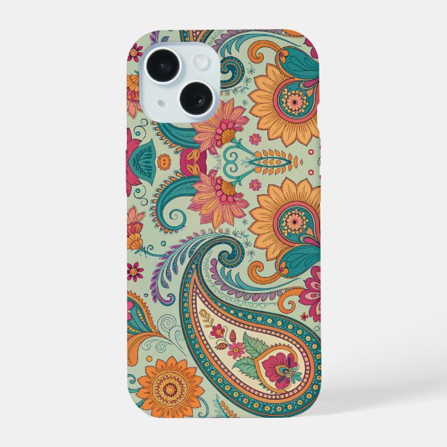 Vibrant Boho Paisley light green Floral Pattern   iPhone 15 Case (Back)