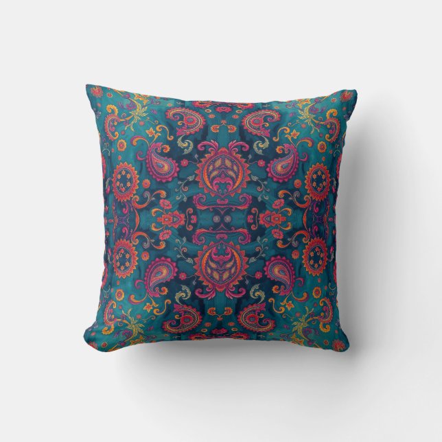 Vibrant Boho Paisley Throw Pillow (Front)