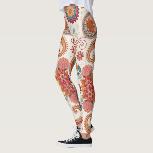 Vibrant Boho Paisley white Floral Pattern Leggings