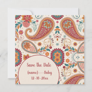 Vibrant Boho Paisley white Floral Pattern Save The Date